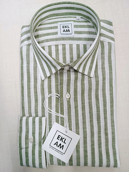 Camicia uomo EKLAM 100% lino riga verde oliva